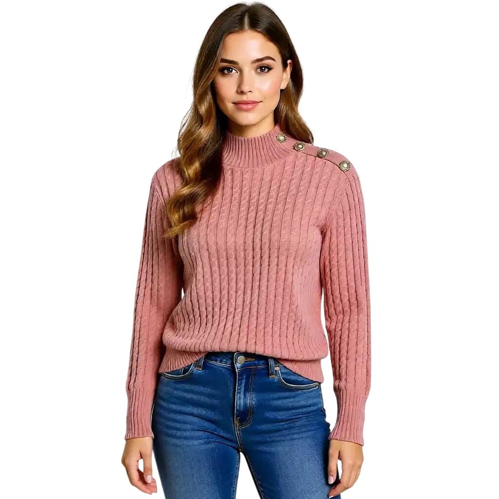 Elie Tahari Women Rose Pink Cable Knit Mock Neck Pearl Button Sweater MD NWT